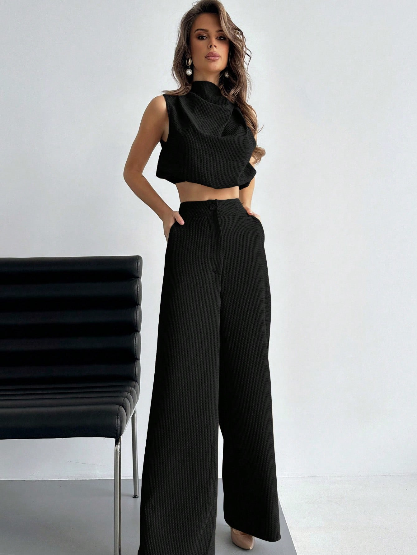 SHEIN Aloruh Elegant Plain Twisted Top And Pants Two-Piece Set For Daily Wearing | SHEIN