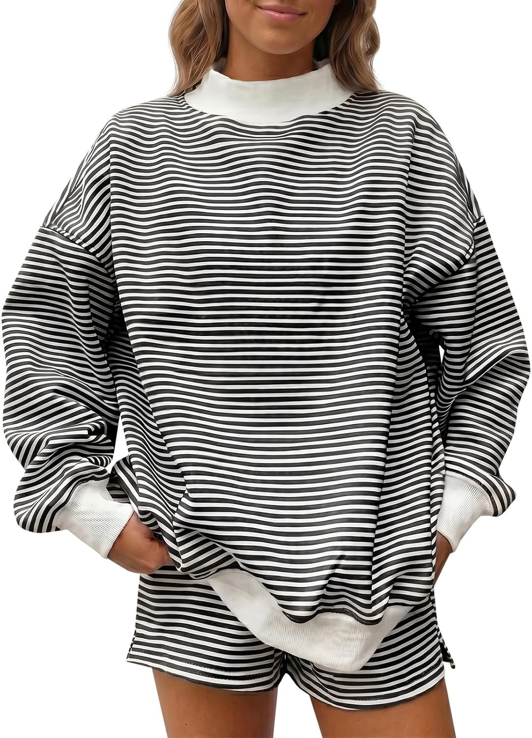 Fisoew Womens Striped 2 Piece Matching Sets Mock Neck Workout Lounge Outfit | Amazon (US)