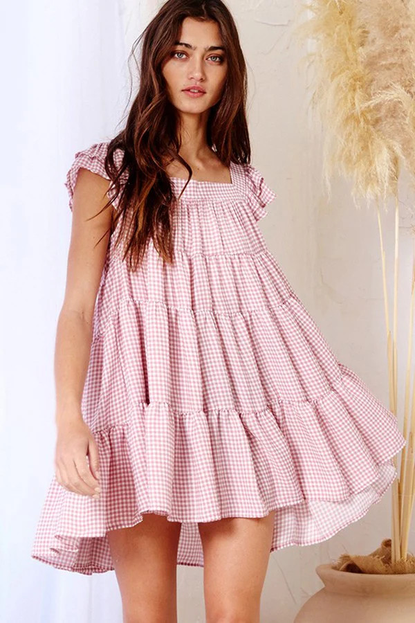 Mauve Gingham Print Tiered Babydoll Mini Dress | PinkBlush Maternity