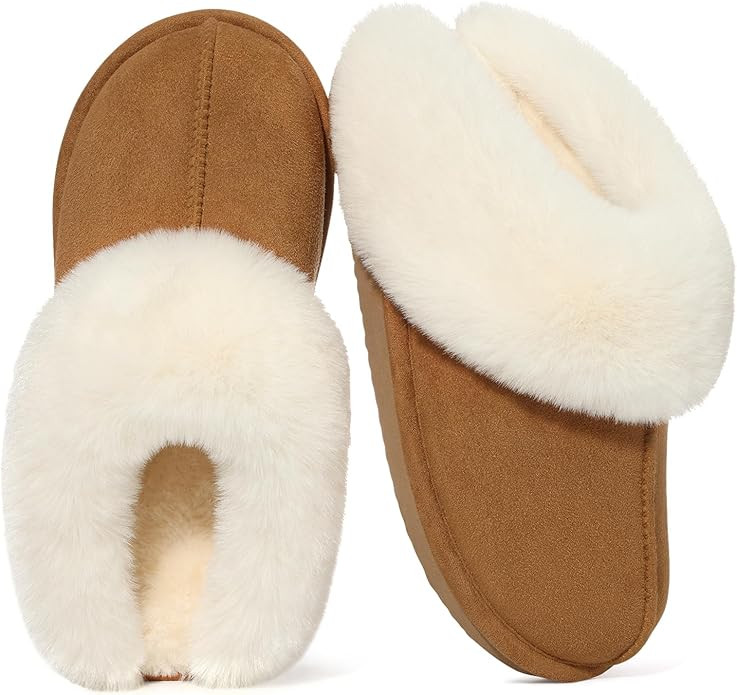 Litfun Fuzzy House Slippers for Women Fluffy Memory Foam Suede Slippers with Faux Fur Collar Indo... | Amazon (US)