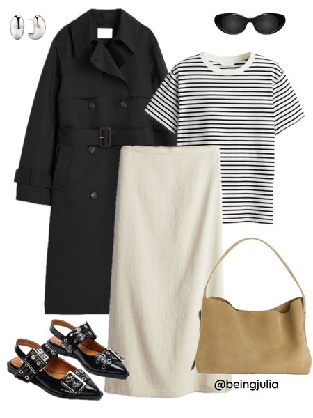 Spring outfit inspiration! Details below:
-Black trench coat. 
-Blue and white striped T-shirt. 
-Beige linen midi skirt. 
-Beige suede tote bag. 
-Black patent leather buckled flats. 
-Silver dome earrings. 
-Black round sunglasses. 


#LTKfindsunder100 #LTKSeasonal #LTKstyletip
