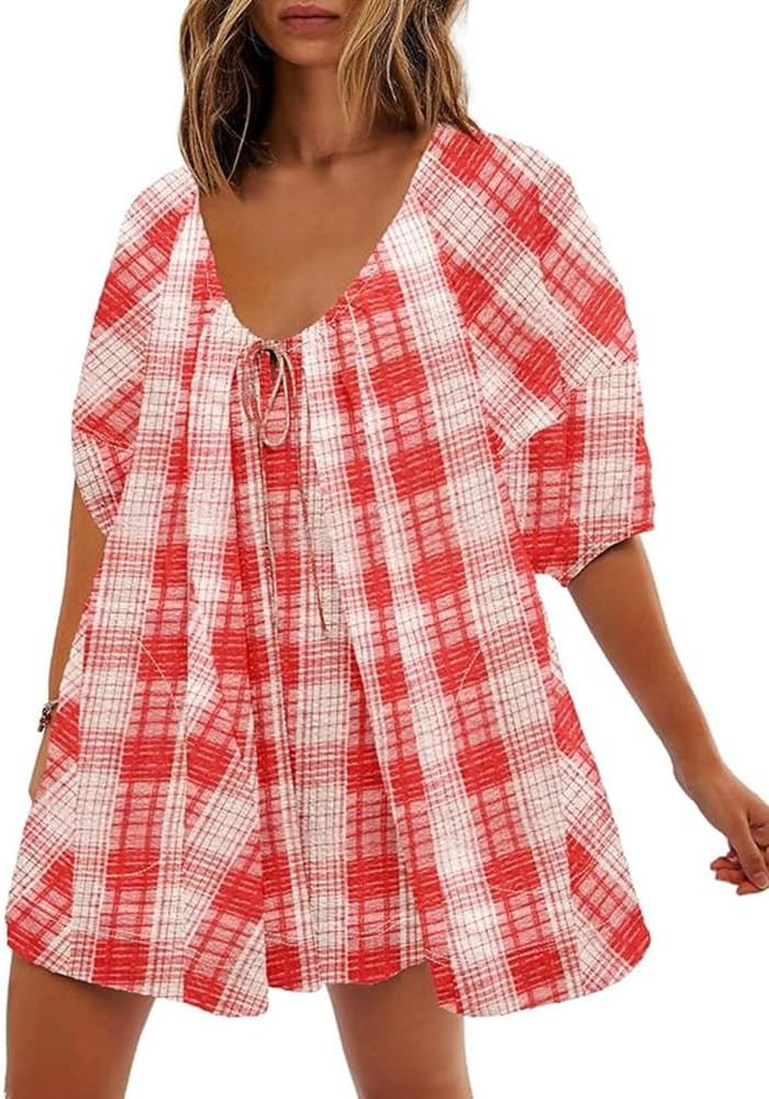 Women Casual Striped Summer Rompers Adjustable Neck Wide Leg Puff Sleeve Jumpsuits with Pockets | Amazon (US)