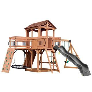 Sterling Point All Cedar Wooden Swing Set Playset with Gray Wave Slide | The Home Depot