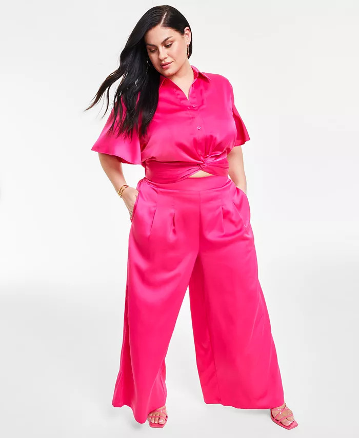 Trendy Plus Size Satin Wide-Leg Pants | Macys (US)