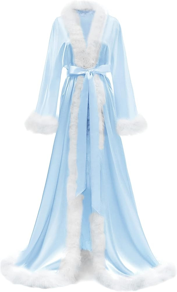 Yexinbridal Womens Feather Bridal Robe Luxury Fur Trim Silk Satin Lingerie Dressing Gown Nightgown L | Amazon (US)