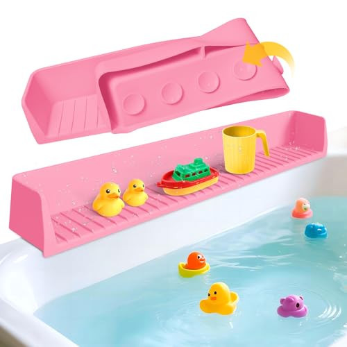 Splash Guard for Bathtub Kids - Silicone Bathtub Splash Guard with 11 Suction Cups, Bath Tub Play Shelf for Kids & Toy Holder, Prevent Water Spill in Bathroom, Fun Bath Time for Toddlers Baby, Pink | Amazon (US)