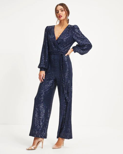 Whole New World Sequin Front Tie Jumpsuit - Navy | VICI Collection