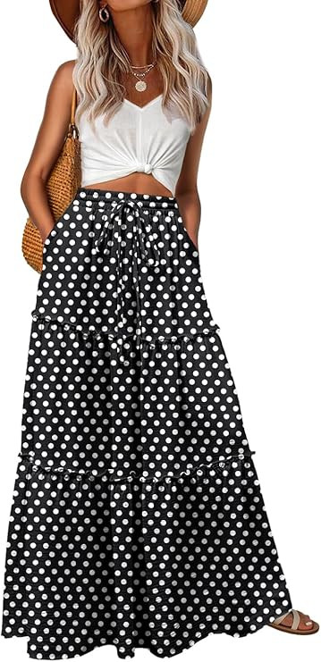 Womens Casual Boho High Waisted Flowy Maxi Skirts Tiered Floral Long Skirts with Pockets for Summ... | Amazon (US)