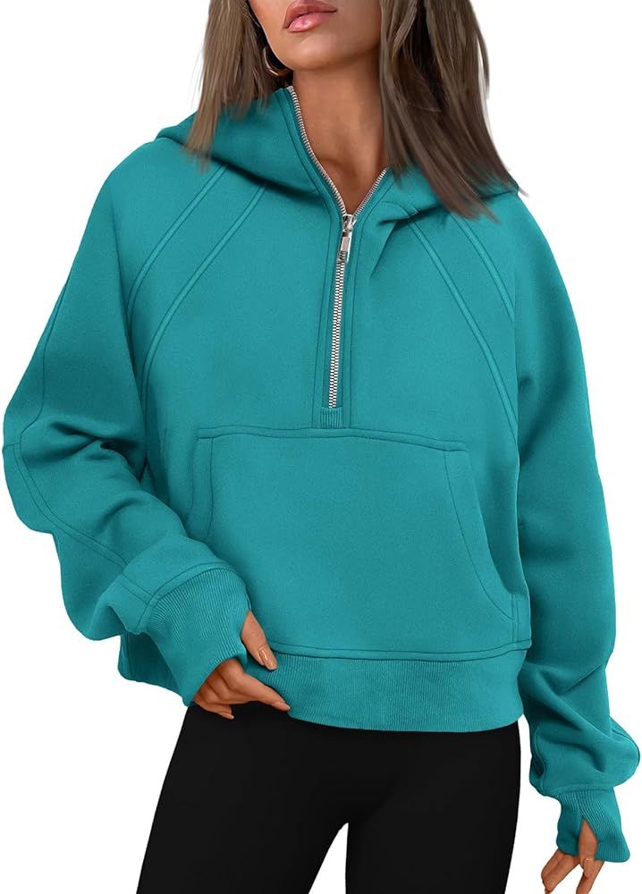 WYNNQUE Womens Quarter Zip Pullover Cropped Hoodies Long Sleeve Fleece Half Zip Sweatshirts Fall ... | Amazon (US)