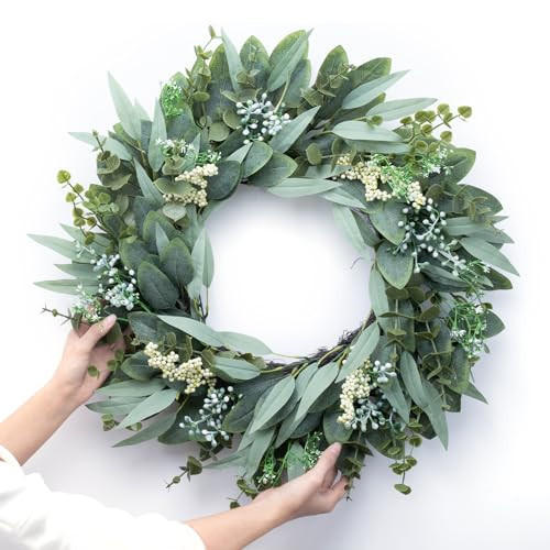 Eucalyptus Wreaths 22" Large Artificial Greenery Outdoor/Indoor Wreath Spring/Summer Wreath Green Wreaths for Front Door Porch Window Wall Hanging Decor All Year Round Wre-ath（Green） | Amazon (US)