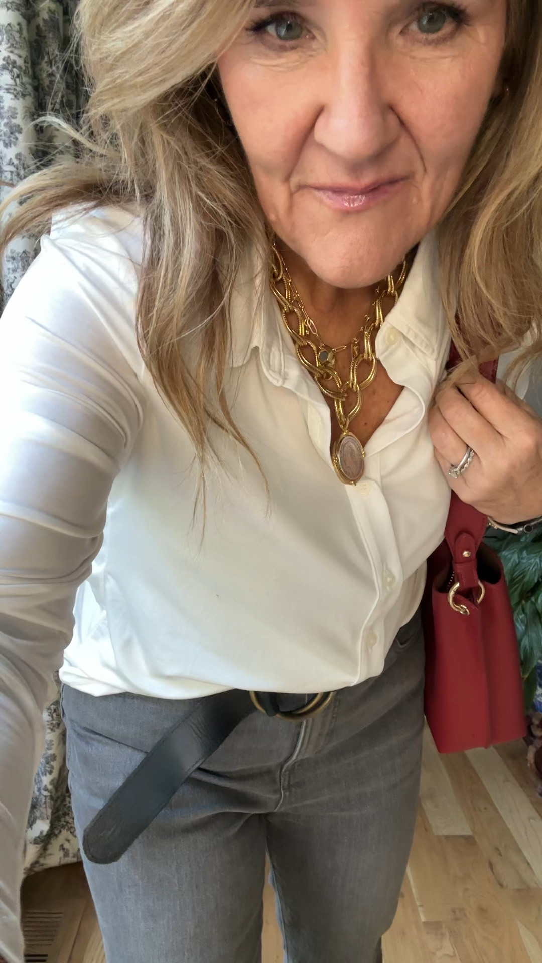 LOFT 40% off sale starts now!
This white button-down is a knit, and I call it a silky knit because it is very smooth. It will be perfect underneath blazers and sweaters, and all on its own. I did size up to a large. 
Jeans I’m wearing a size 8/29 
The Adidas gazelles size down a half   they’re so fun and come in several colors
My red purse is on Amazon prime days! I’m loving it and it does come in other colors too 

Allie+Bess 20% off code NANETTE20 I have a combination of a couple of different stacks on my wrist. it’s such a fun brand to Mixandmatch and have in your accessory drawer

Fall outfit, LOFT, jeans, gray jeans, white button-down, white blouse, black belt

#LTKOver40 #LTKFindsUnder100 #LTKSaleAlert