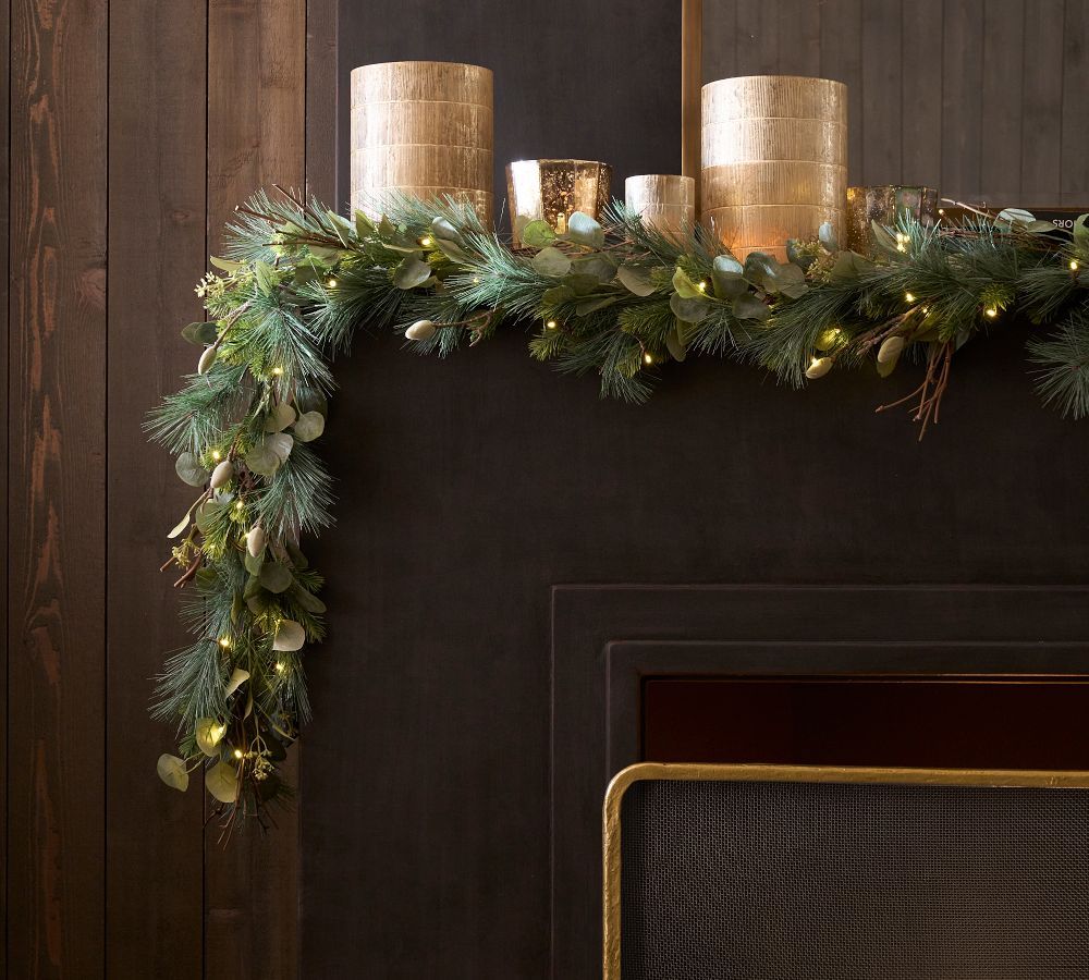 Pre-Lit Faux Eucalyptus and Pine Wreath &amp; Garland | Pottery Barn (US)