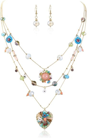 BriLove Bohemian Boho Handmade Colorful Beaded Layered Heart Pendant Necklace Hook Earring Jewelr... | Amazon (US)