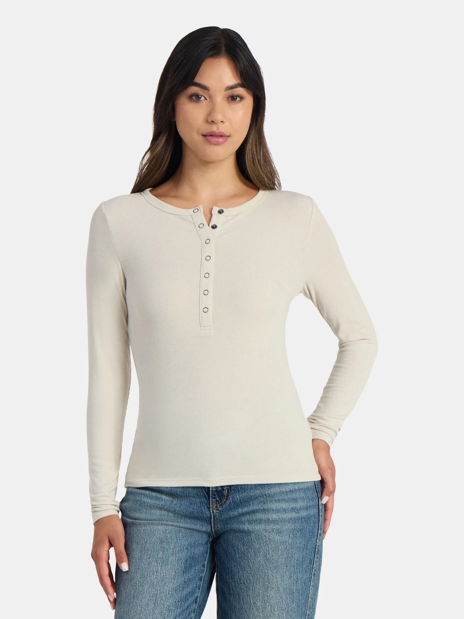 Time and Tru Women's Ribbed Henley Shirt with Long Sleeves, Sizes XS-XXXL | Walmart (US)