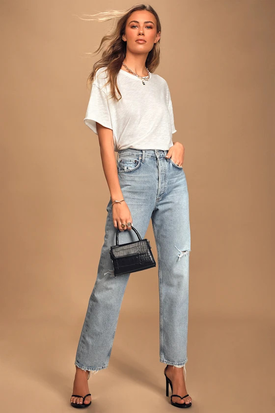 90s Mid Rise Light Wash Loose Fit Distressed Jeans | Lulus (US)