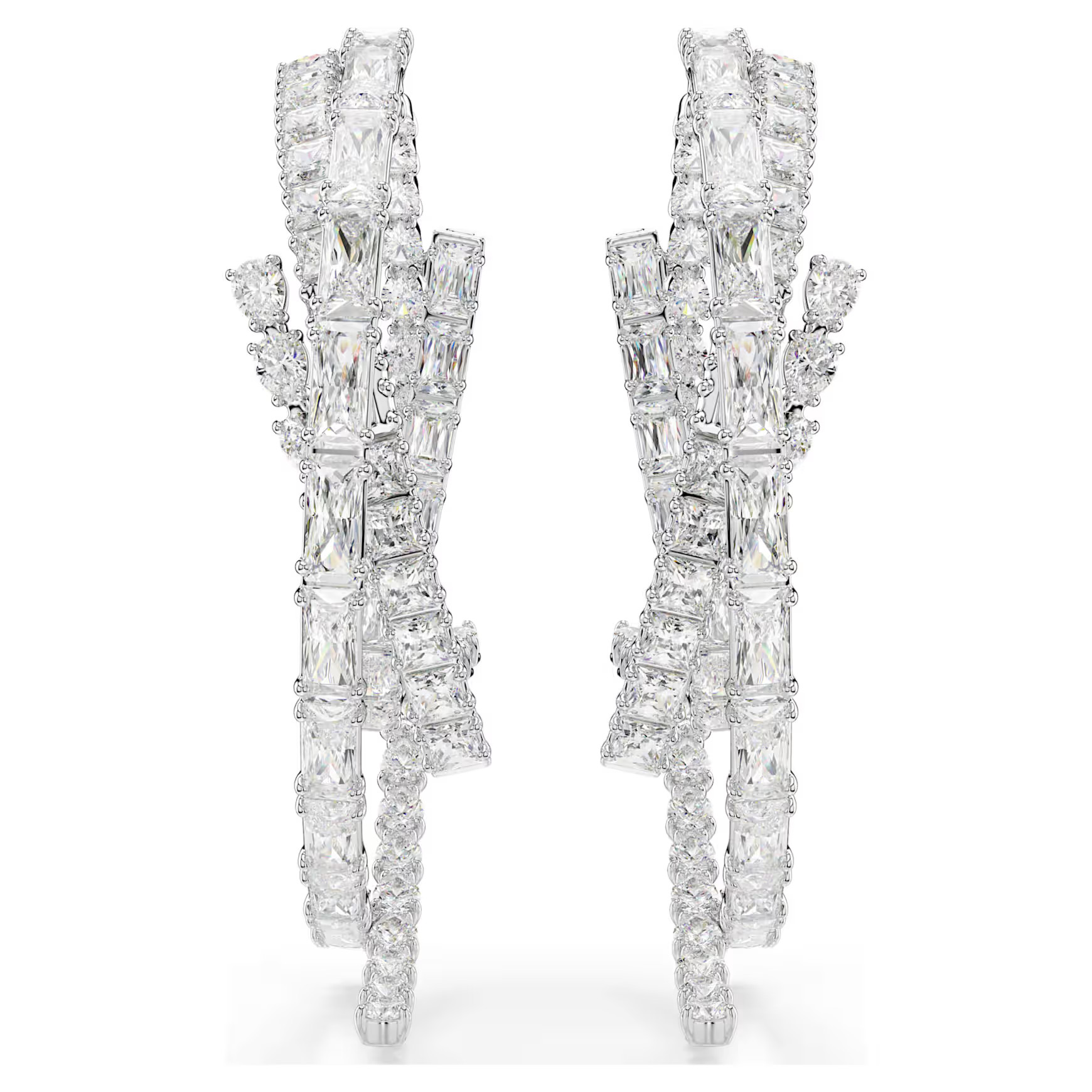 Matrix hoop earrings, Mixed cuts, White, Rhodium plated by SWAROVSKI | SWAROVSKI