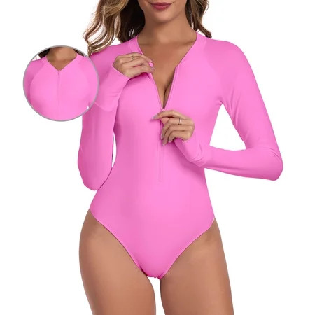 RELLECIGA Women s One Piece Bathing Suit One Piece Swimsuit Zipper Long Sleeve Rash Guard Swimsuit for Women Fuchsia Size L | Walmart (US)