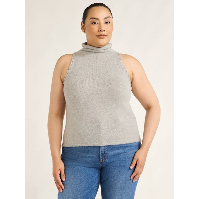 Scoop Women’s and Women's Plus Sleeveless Rhinestone Mock Neck Sweater, Lightweight, Sizes XS-4... | Walmart (US)