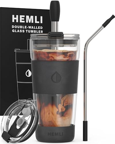Hemli 19 oz. Clear Double Wall Glass Coffee Tumbler, To Go Glass Travel Mug with Lid, Portable Glass Thermos with Straw, Reusable Cup for Coffee, Tea, Smoothies, Ice Coffee, and Boba (Black) | Amazon (US)