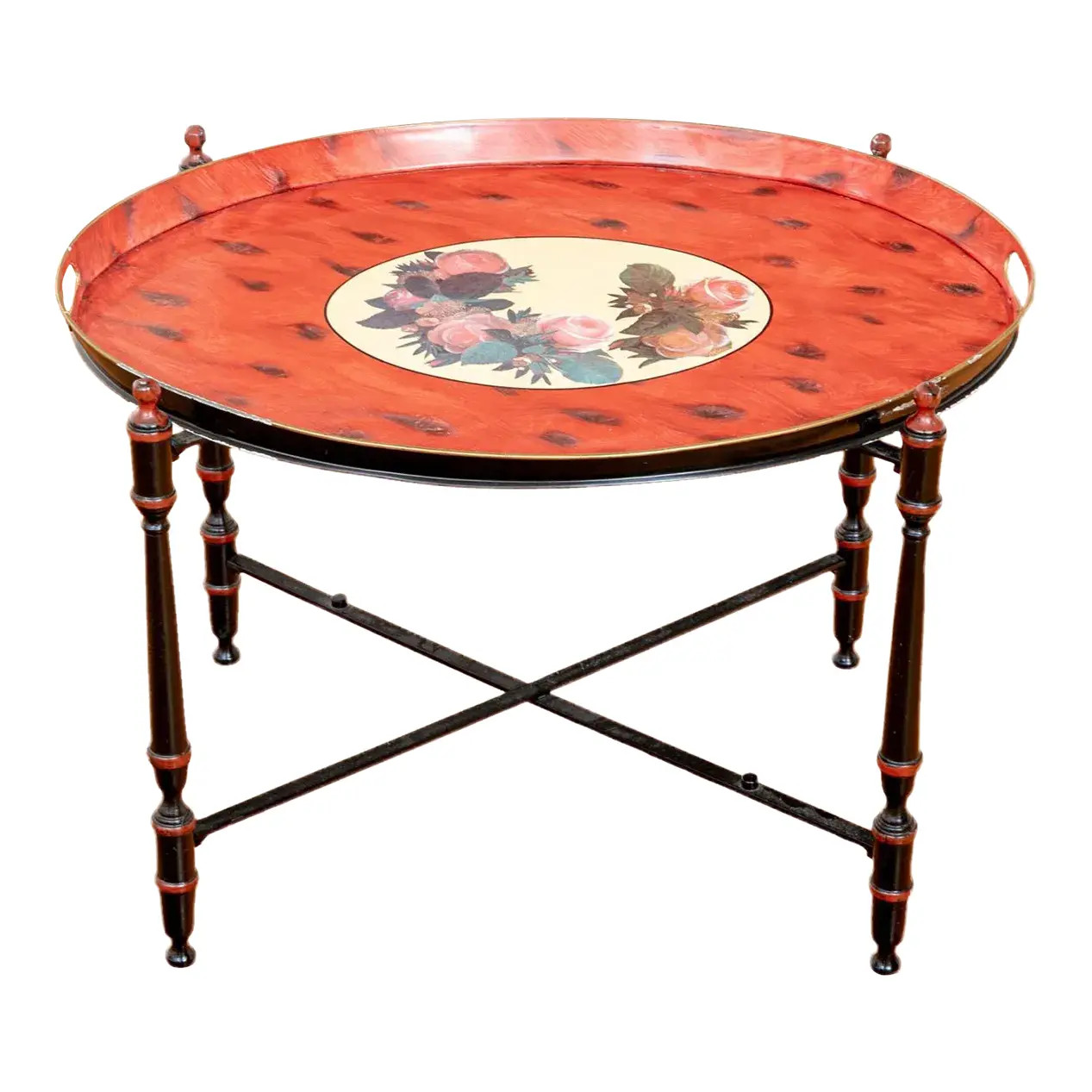Mid 20th Century Italian Hand-Painted Tole Tray Top Accent Table | Chairish