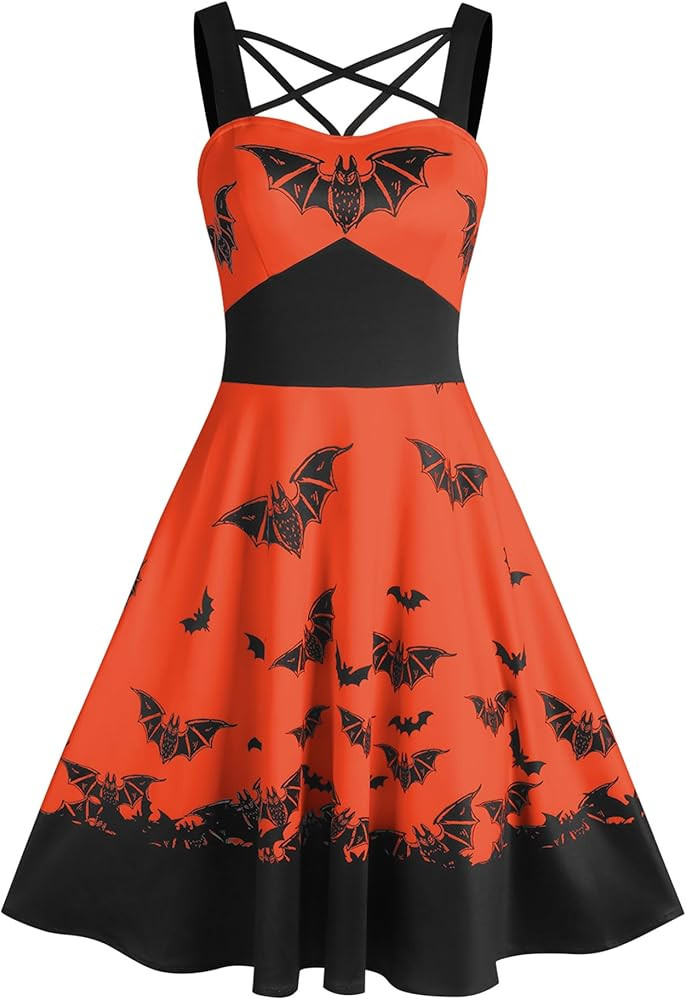 ZAFUL Women's Criss Cross Midi Dress Sleeveless Halloween Costume Bat Print Cosplay Party A-Line ... | Amazon (US)