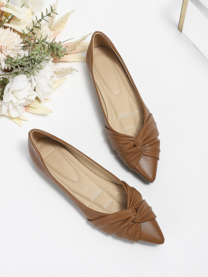 Twist Detail Point Toe Ballet Flats, Brown Elegant Twisted Knot Solid Color Ballet Flats For Wome... | SHEIN