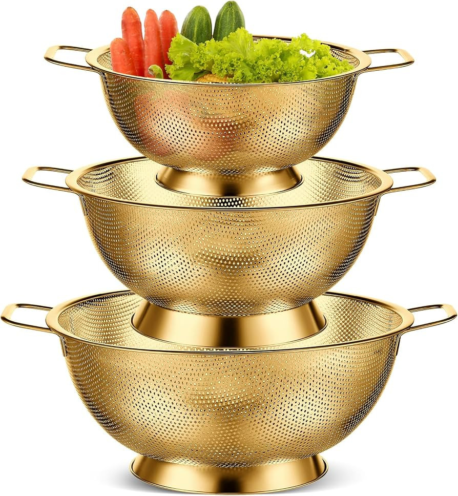 Bokon 3 Pcs Stainless Steel Colander Set Metal Mesh Strainers, Gold | Amazon (US)