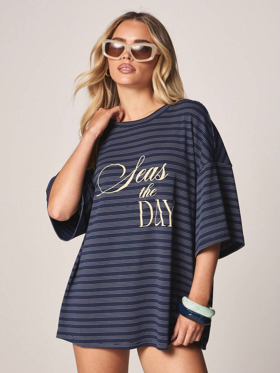 MISSGUIDED Seas The Day Horizontal Stripe Short Sleeve Oversized Graphic Print T-Shirt Summer Bea... | SHEIN