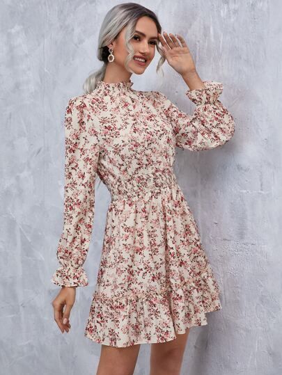 SHEIN Floral Print Shirred Ruffle Neck Flounce Sleeve Ruffle Hem Dress | SHEIN