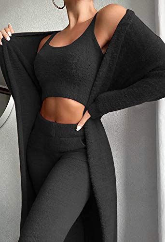 VamJump Womens 3 Piece Lounge Set Scoop Neck Crop Tops High Waist Pants Open Front Cardigan Outfit S | Amazon (US)