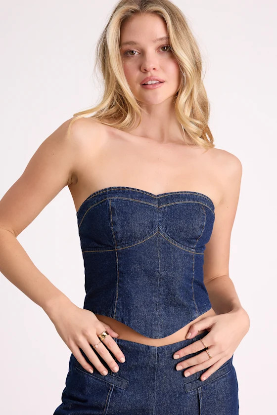 Denna Dark Wash Denim Strapless Top | Lulus