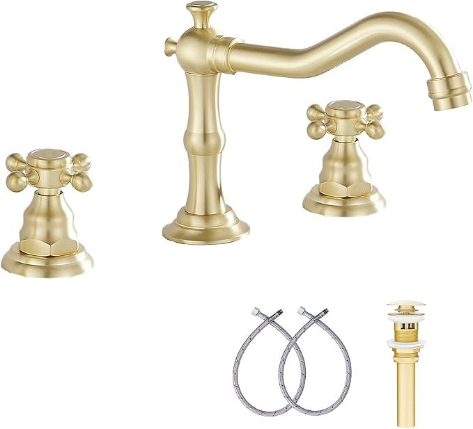 Brushed Gold Bathroom Faucet GGStudy 2 Handles 3 Holes Widespread Bathroom Sink Facuet Farmhouse ... | Amazon (US)