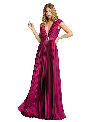 Women's Ieena Pleated Plunge Neck Belted Satin Gown | Macy's