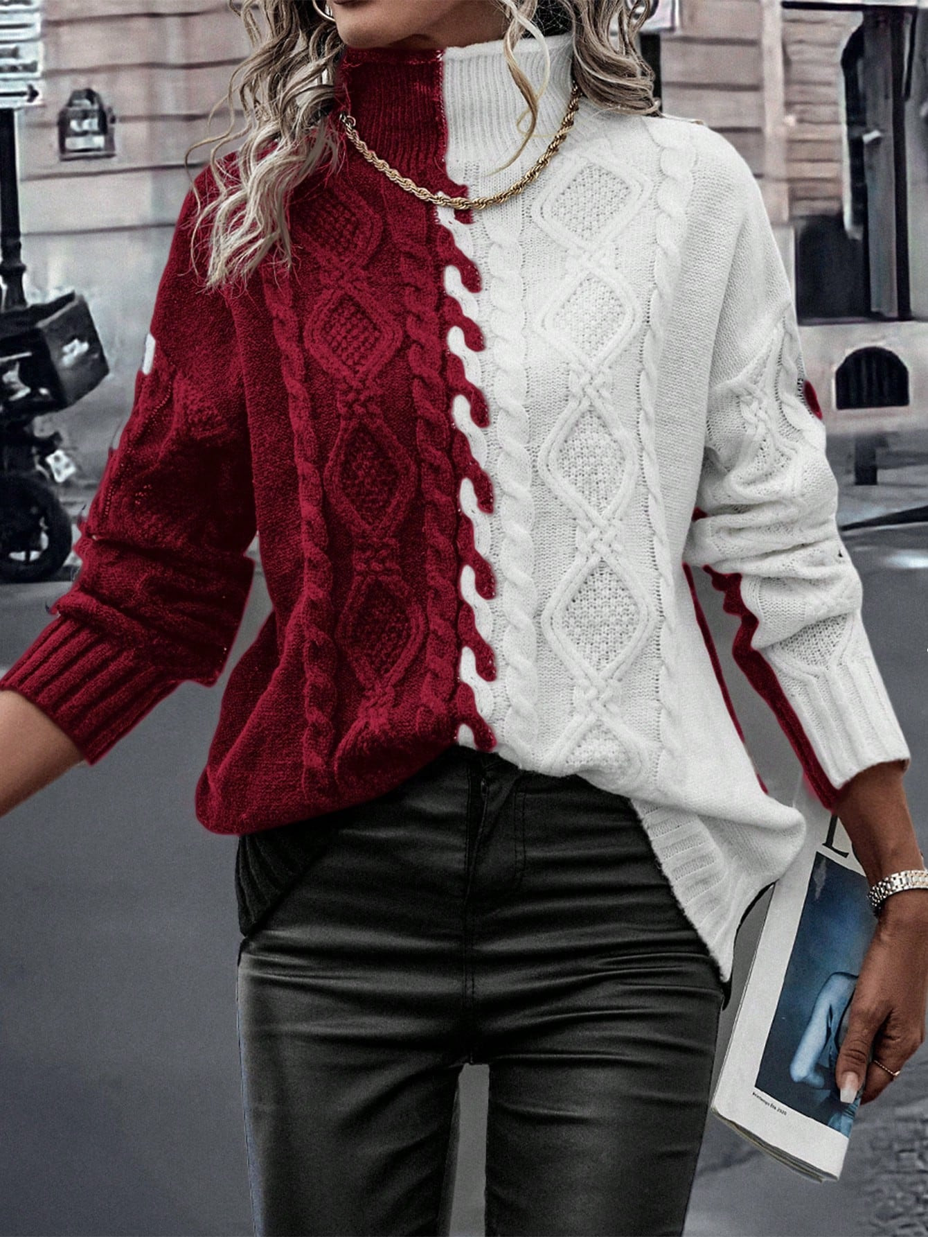 SHEIN LUNE Two Tone High Neck Cable Knit Drop Shoulder Sweater | SHEIN