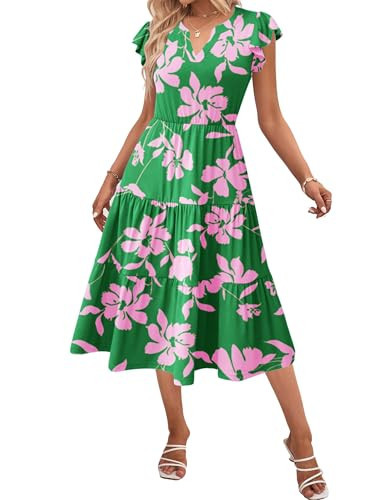 Zeagoo Casual Summer Dress for Women 2025 A Line Dresses with Pockets Midi Dress V Neck Floral Dress Womens Tropical Dresses Short Sleeve Sundresses L | Amazon (US)