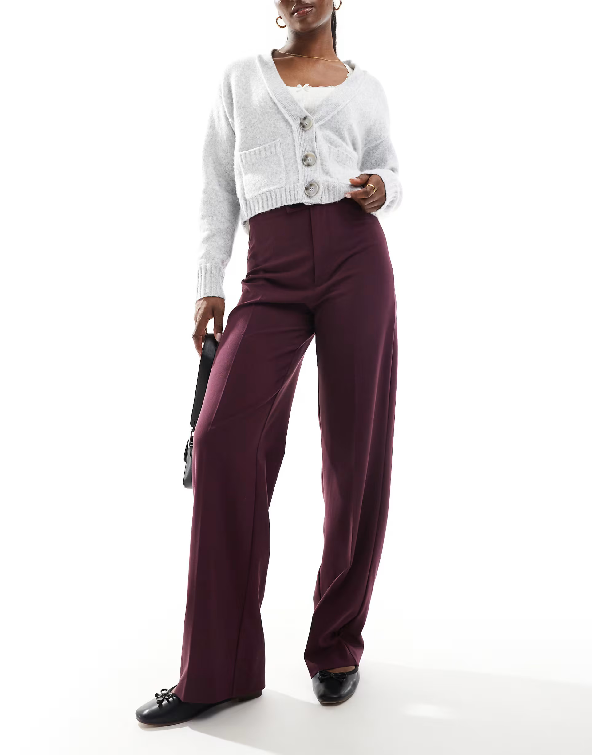 Pull&Bear high waisted tab tailored trousers in burgundy | ASOS (Global)