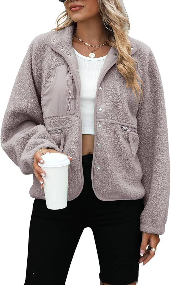 Yanekop Womens Fleece Jacket Fuzzy Long Sleeve Short Winter Coats Button Down Sherpa Jacket Outer... | Amazon (US)