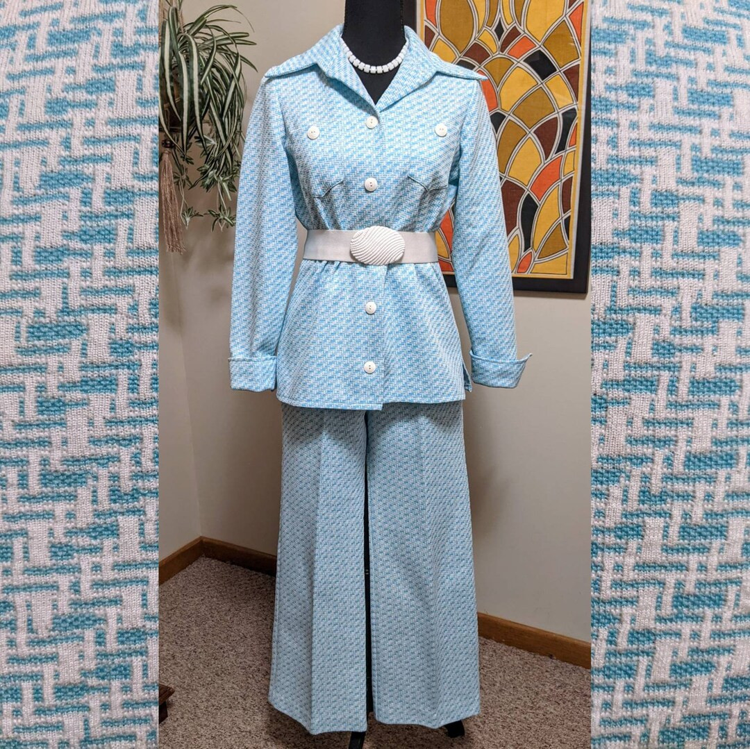 Vintage 1970s Blue & White Print Polyester Leisure Suit Set With Matching Jacket and Wide Leg Pan... | Etsy (US)