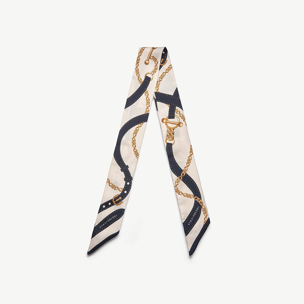 Silk Skinny Scarf - Navy/Vanilla Belt Print | Strathberry