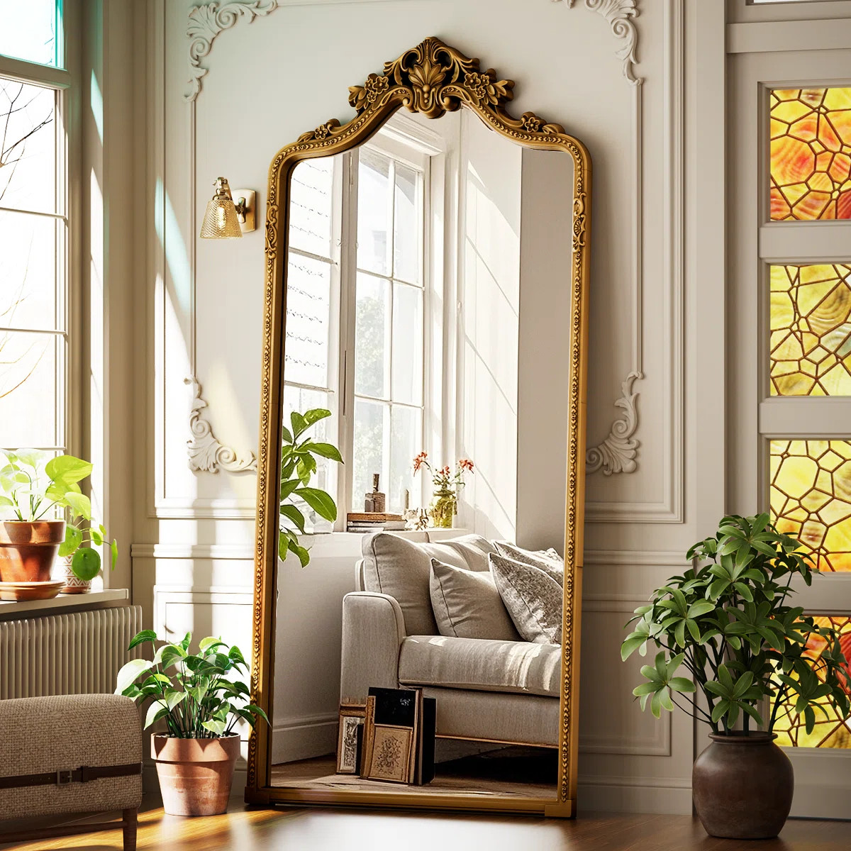 Vintage Full Length Mirror Luxury Carved PU Framed Arched Standing Floor Mirror Full Body Mirror | Wayfair North America