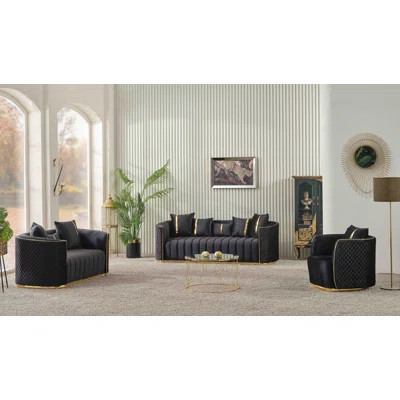 3-Piece Black Velvet Sofa, Loveseat, And Chair Set – Tufted Modern Glam Living Room Furniture With Gold Metal Base | Wayfair North America