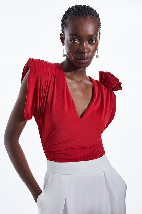 Jersey Rosette Strong Shoulder Bodysuit | Karen Millen US