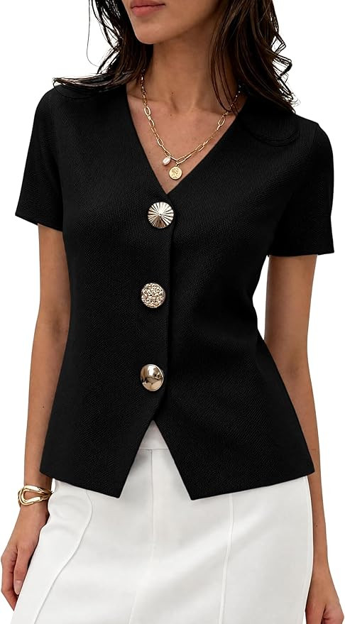 Women’s Short Sleeve Cardigan Sweaters Trendy V Neck Snap Gold Buttons Structured Cropped Cardi... | Amazon (US)