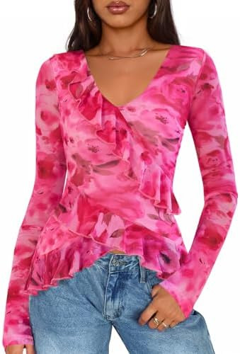ZESICA Women's Long Sleeve Floral Shirts V Neck Going Out Ruffle Tops Blouses 2026 Fall Fashion C... | Amazon (US)