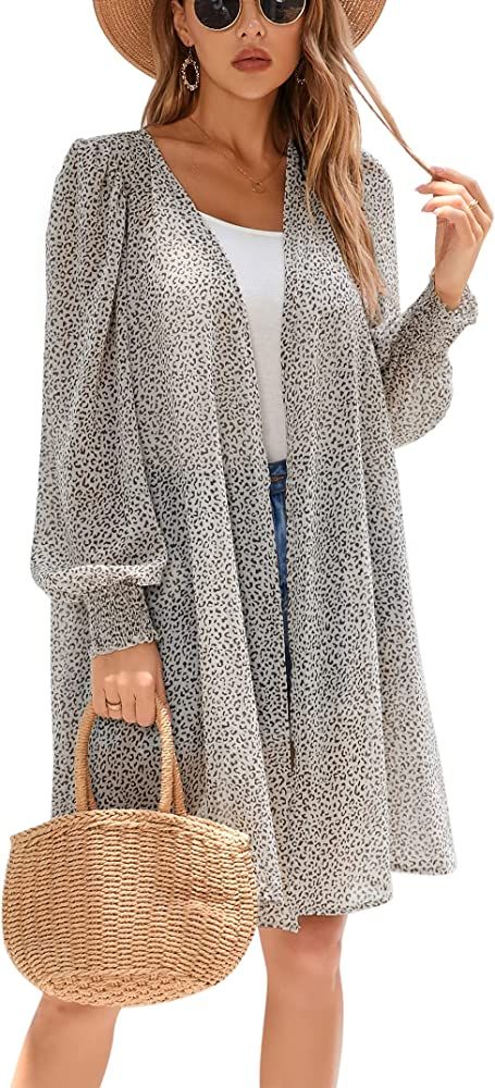 MISSKY Women's Puff Sleeve Open Front Cardigan Leopard Floral Print Beach Cover Ups Chiffon Blous... | Amazon (US)