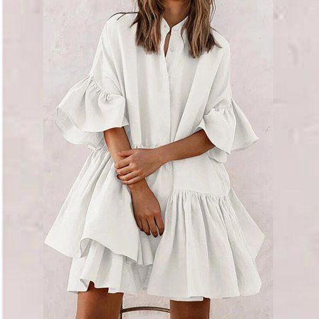 Women's Long Sleeve White Pleated Shirt Dress Casual Turn Down Collar Mini Dress Button A Line Offic | Walmart (US)