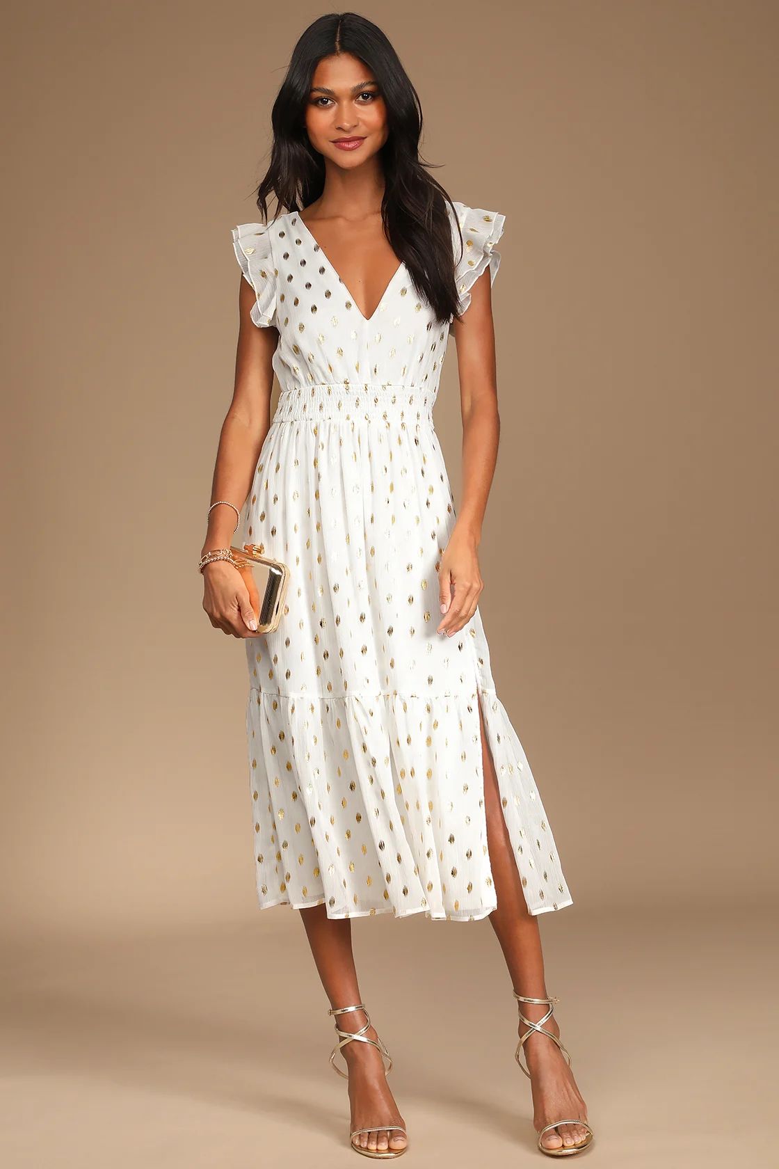 Cause to Celebrate White and Gold Dot Ruffled Tiered Midi Dress | Lulus (US)