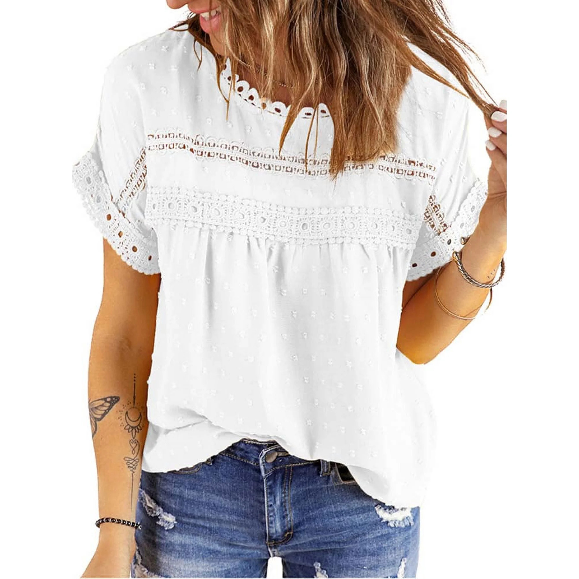 UVN Summer Shirts for Women Short Sleeve Blouses Ladies Crewneck Lace Crochet Tops Dressy Chiffon... | Walmart (US)