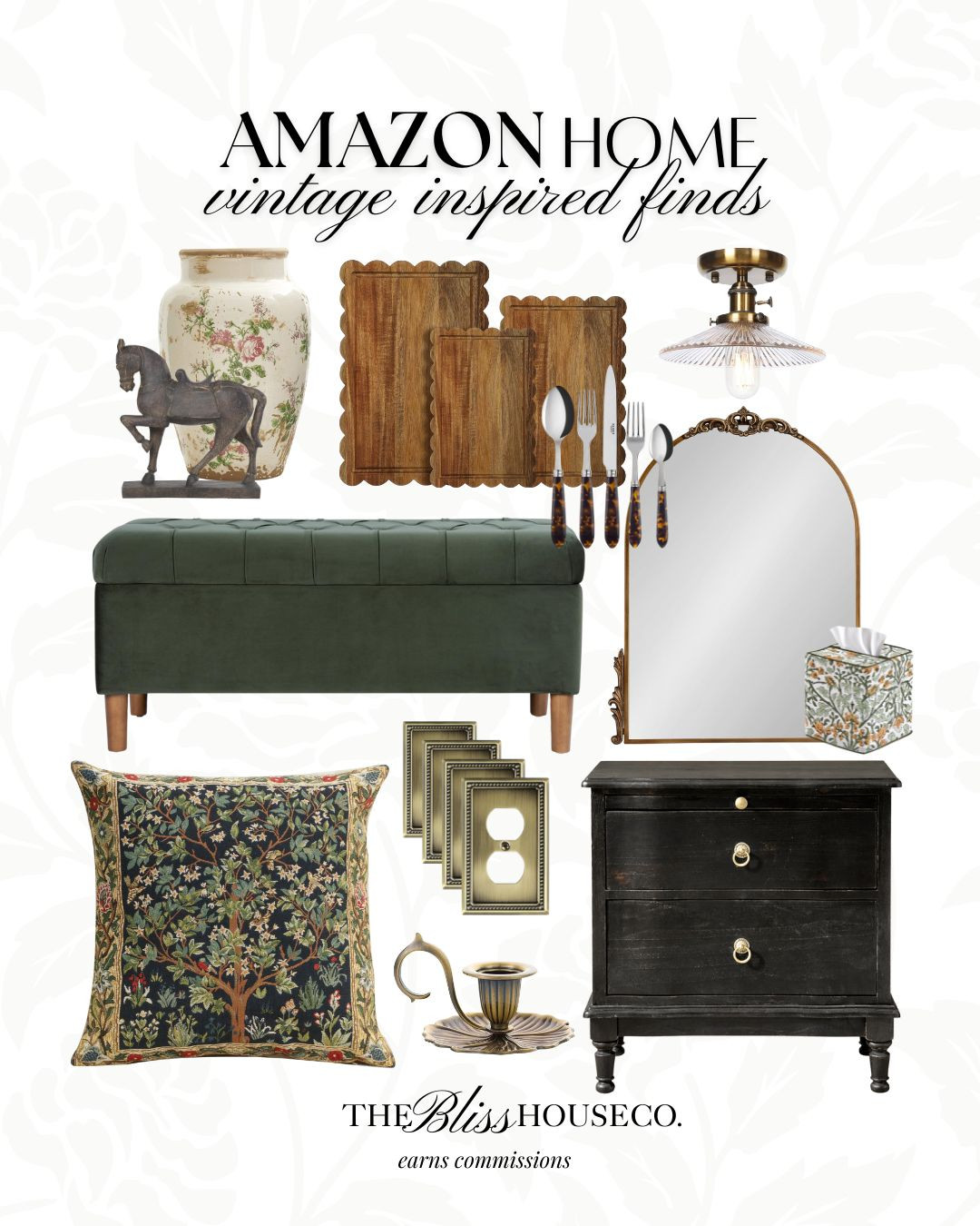 Amazon vintage-inspired home finds. 🤎 Timeless accents, warm woods, antique brass & old world charm without the antique price. 

Amazon home, vintage decor, antique inspired, old world style, traditional home, brass accents, wood trays, scalloped edge, floral vase, tapestry pillow, green bench, classic lighting, ornate mirror, moody home, collected look, timeless interiors, budget decor. 

 #LTKHome