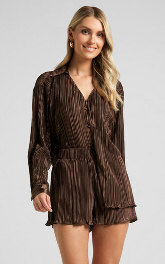 Archer Shorts - High Waisted Plisse Shorts in Chocolate | Showpo (US, UK & Europe)